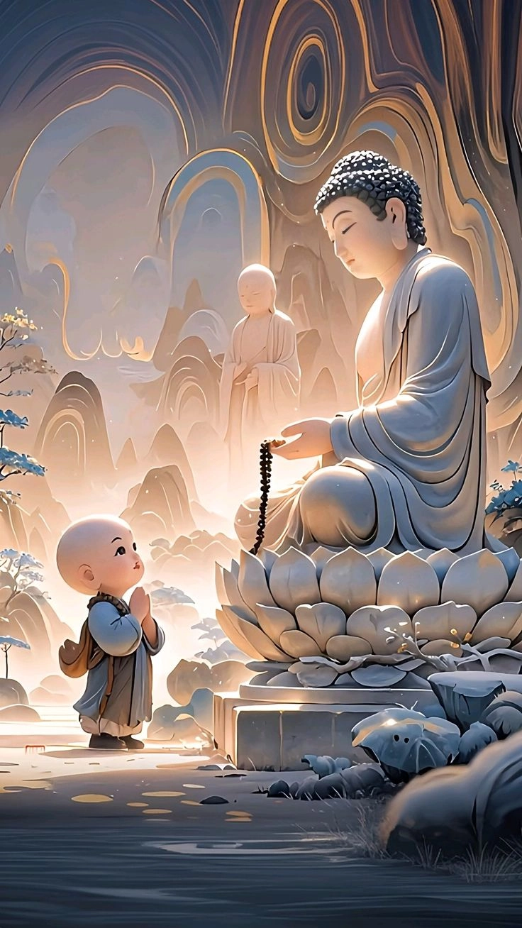 Ngắm hình ảnh chú tiểu lạy phật với nét vẽ thanh tịnh
