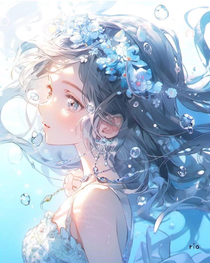 Thả tim cho ảnh anime nữ màu xanh dương cute dễ thương nổi bật