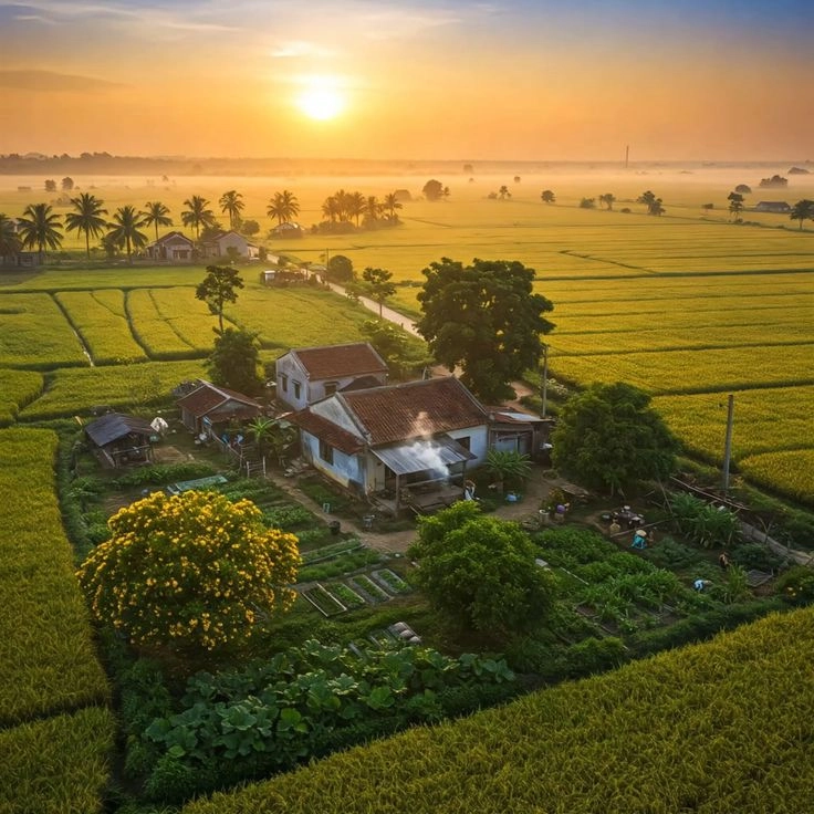 Hình ảnh đồng lúa quê hương thắm đượm hương lúa chín vàng