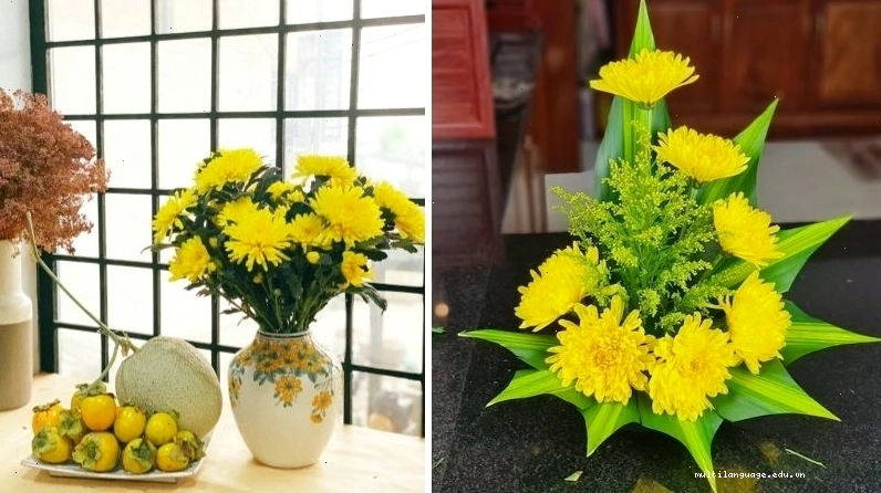 Bàn thờ trang nghiêm với cúc vàng
