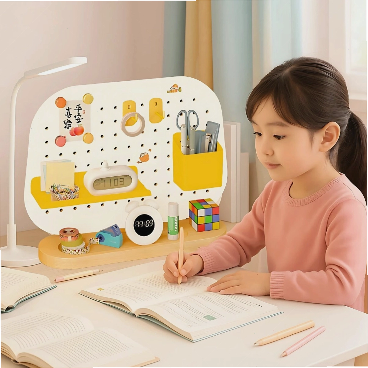 Bé gái tự học tại bàn với pegboard khay gỗ hình oval, sắp xếp đồ dùng học tập gọn gàng