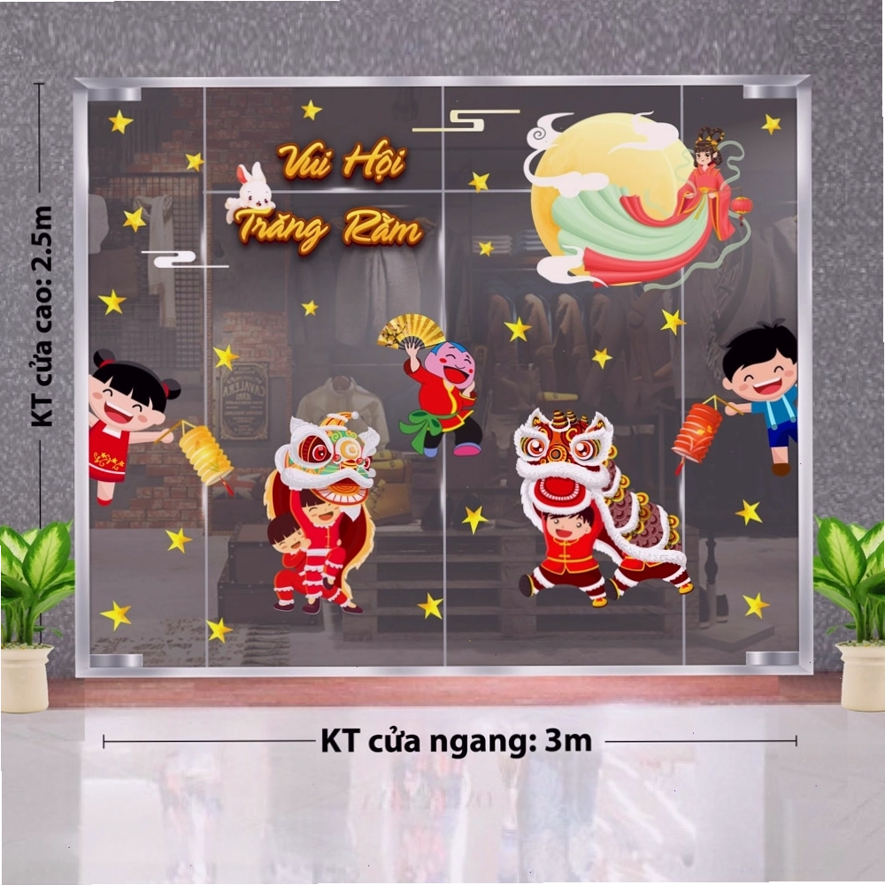 Bộ decal trang trí Trung thu 2023 với họa tiết lồng đèn và hoa văn