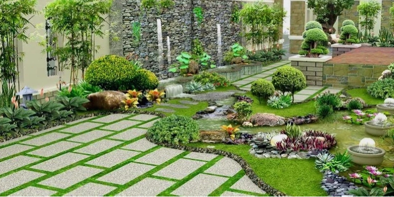 Bồn hoa trước nhà được thiết kế với nhiều loại cây và hoa khác nhau