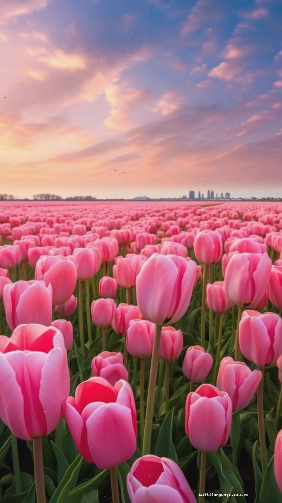 Cánh đồng tulip hồng rực rỡ dưới ánh hoàng hôn