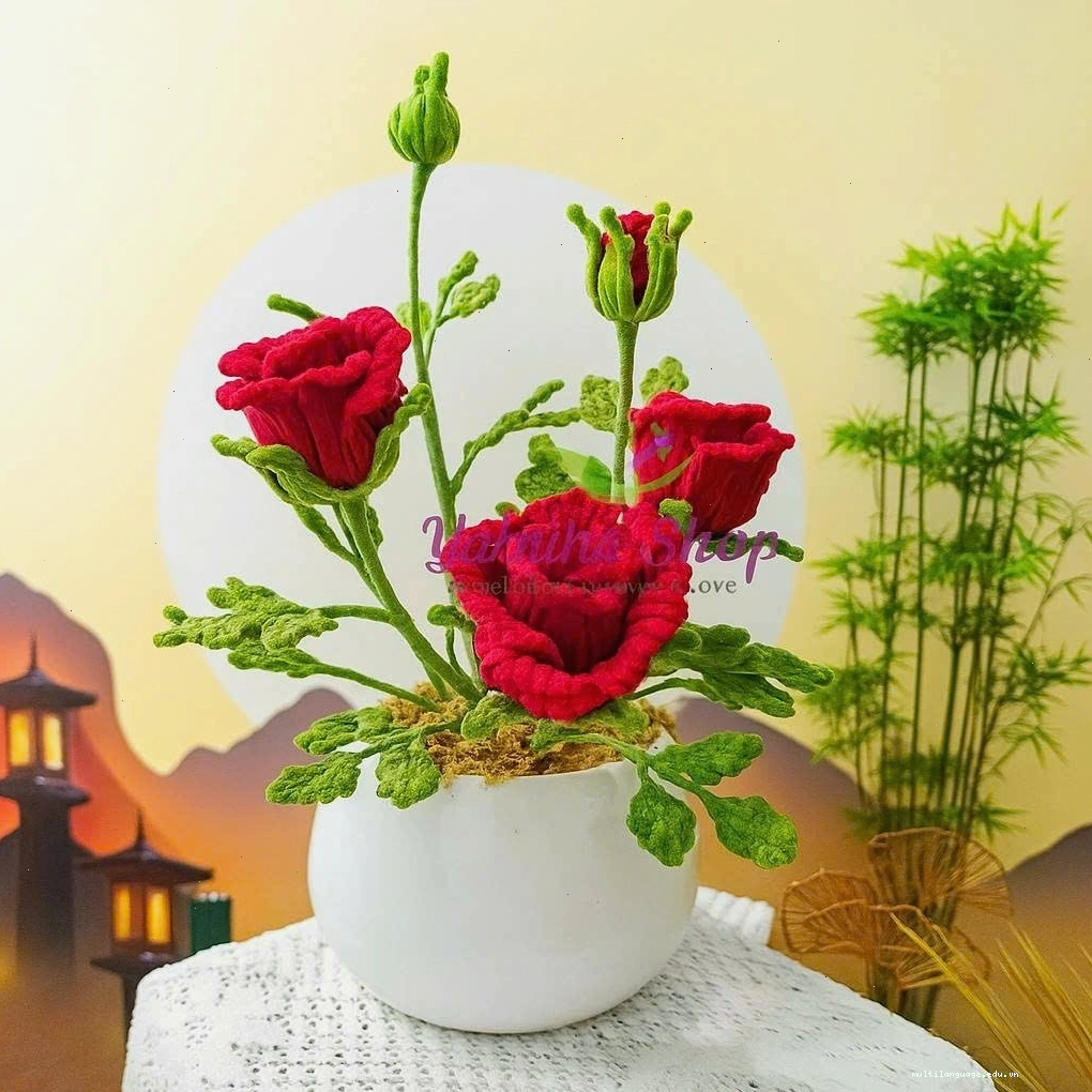 Chậu hoa hồng đỏ 3 bông bằng kẽm nhung handmade
