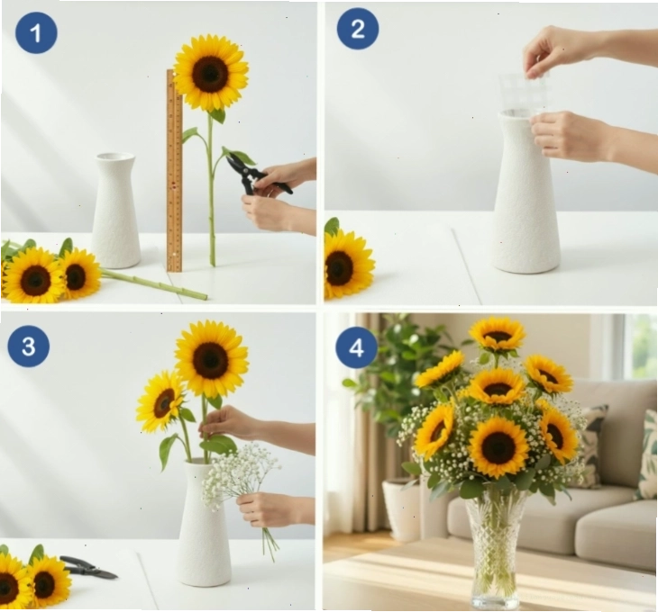 Chuẩn bị các vật liệu cần thiết để cắm hoa hướng dương