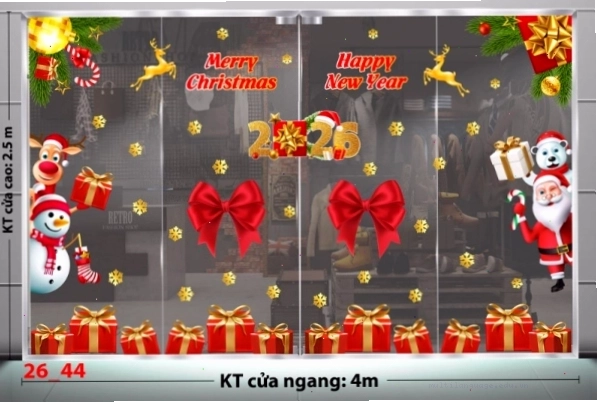 Decal dán tường combo 44 với họa tiết cây thông và quà tặng