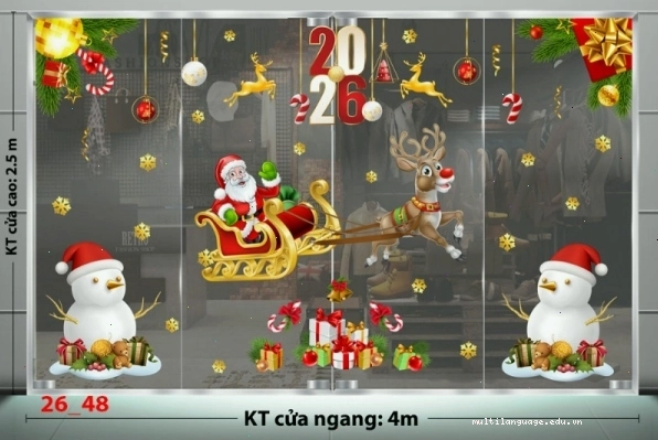 Decal dán tường Decal Noel combo 48 hình ông già Noel đang tặng quà