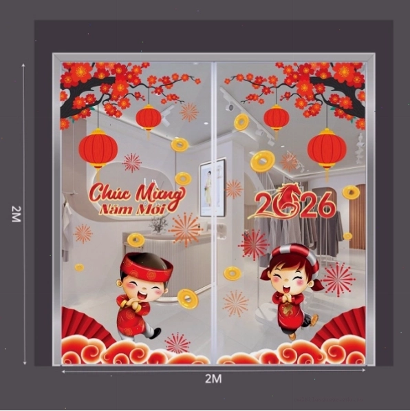 Decal Tết 2026 bé trai bé gái mừng xuân bên hoa đào đỏ