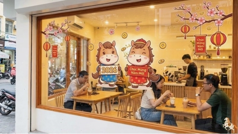 Decal trang trí cửa kính với họa tiết Tết