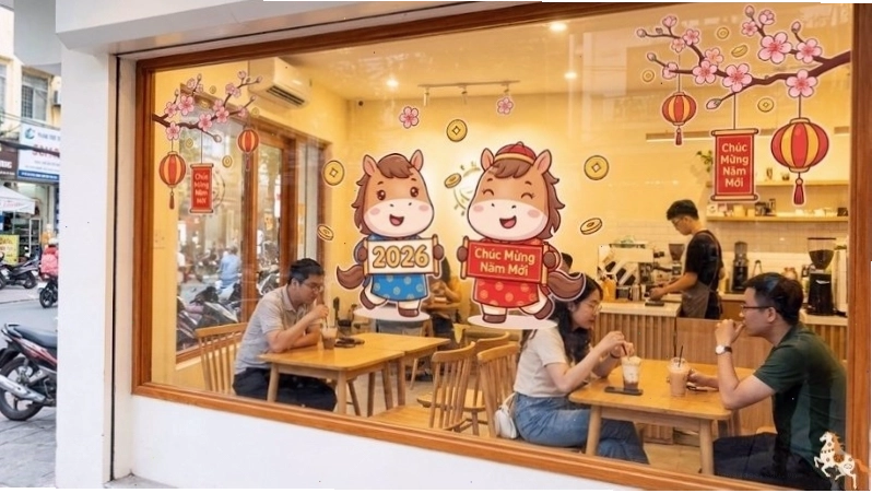 Decal trang trí cửa kính với họa tiết Tết độc đáo