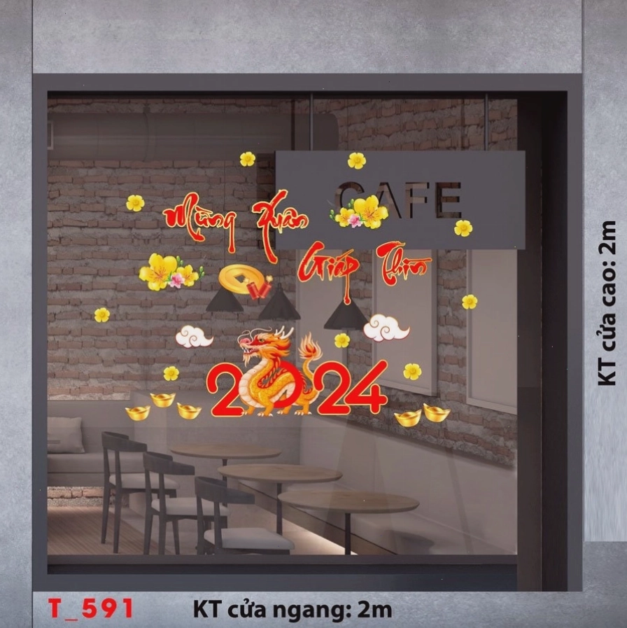 Decal trang trí Tết với chữ Mừng Xuân Giáp Thìn và hình ảnh rồng ấn tượng