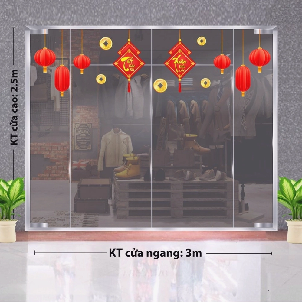 Decal trang trí Tết với lồng đèn đỏ và chữ chúc Tết