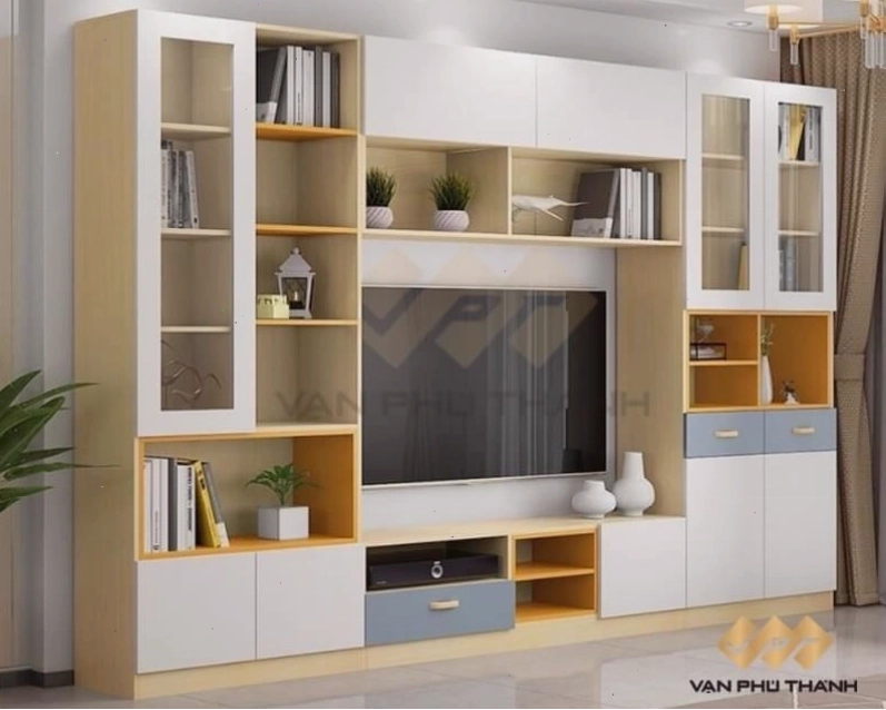 Hệ tủ phòng khách đẹp bằng gỗ công nghiệp