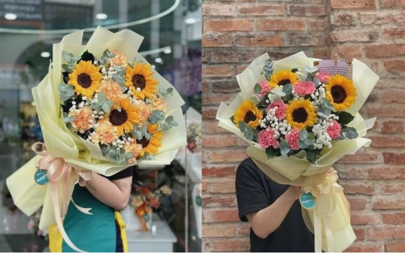 Mẫu bó hoa hướng dương mix cẩm chướng và hoa baby