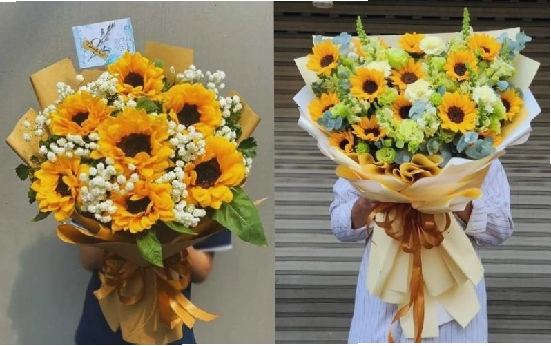 Mẫu bó hoa hướng dương mix hoa hồng và hoa baby