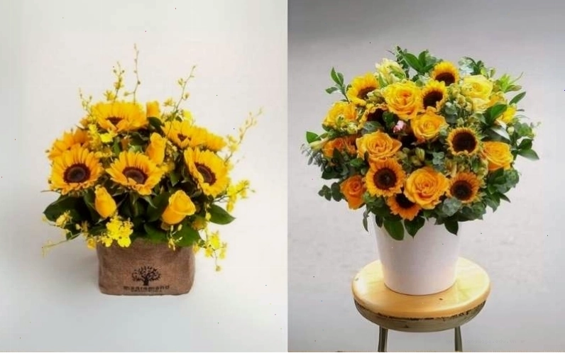 Mẫu cắm hoa hướng dương nhỏ xinh để bàn làm việc