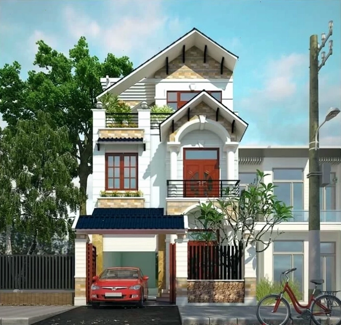 Mẫu gạch trang trí mặt tiền nhà ống hiện đại với gạch ốp vân gỗ