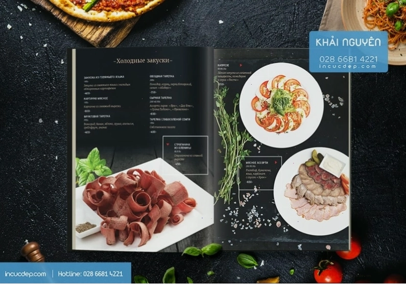 Mẫu thiết kế menu nhà hàng Nga với hình ảnh món chính đẹp mắt