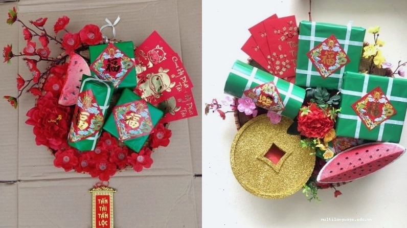 Mẹt trang trí Tết với bánh tét