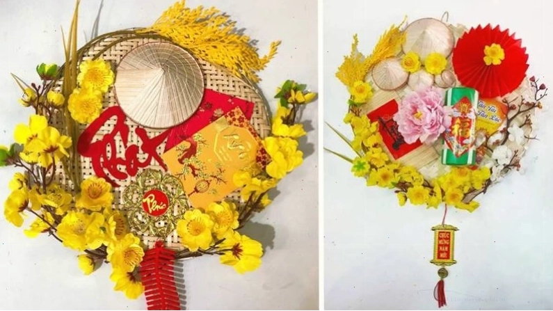 Mẹt trang trí Tết với nón lá
