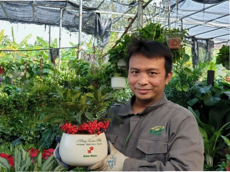 Nhân viên vườn ươm chăm sóc cây cảnh