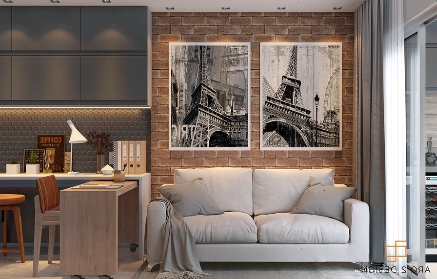 Nội thất phòng khách chung cư nhỏ với sofa màu xám và thảm trải sàn họa tiết