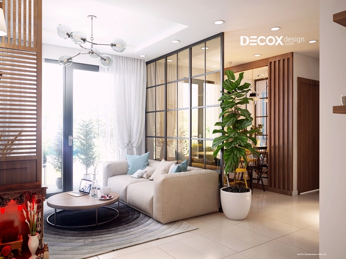 Phòng khách chung cư hiện đại với sofa chữ L và kệ tivi gỗ âm tường