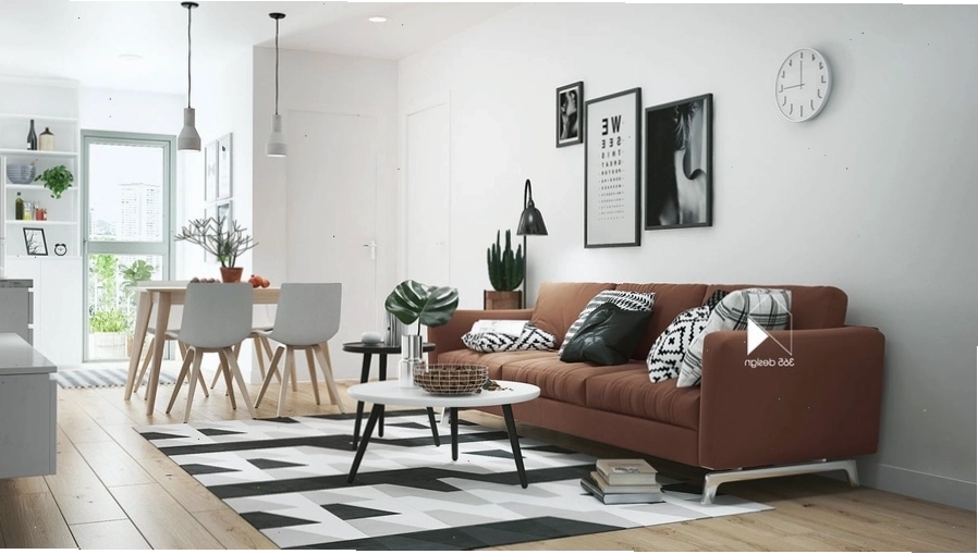 Phòng khách chung cư nhỏ với gam màu trắng và nội thất gỗ sáng