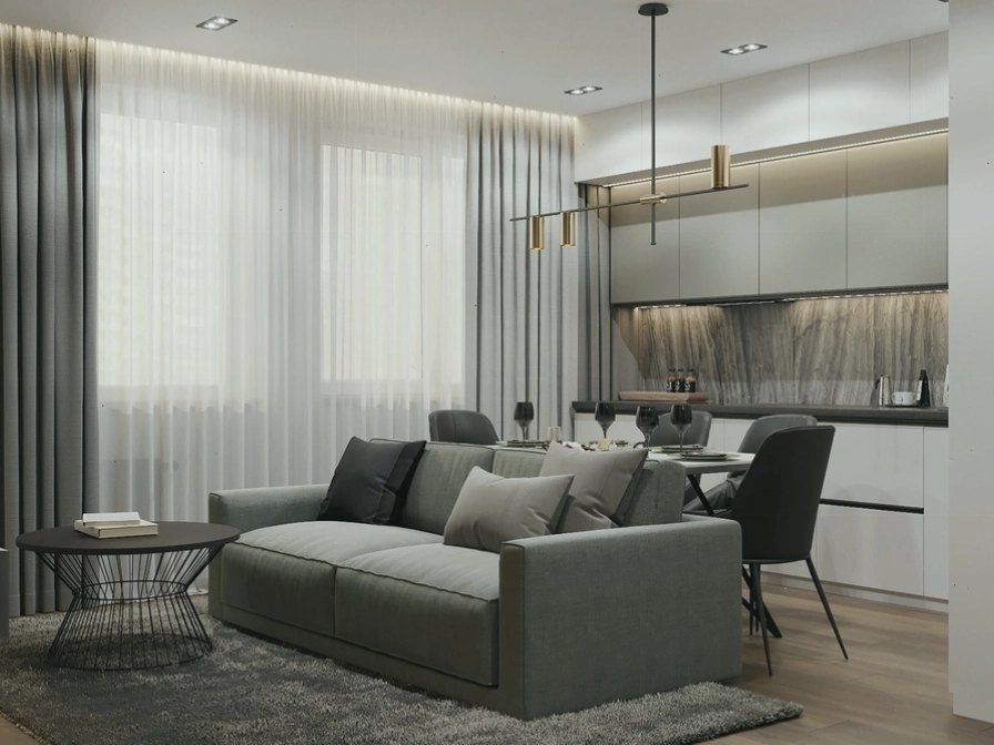 Phòng khách chung cư nhỏ với kệ trang trí treo tường và cây xanh