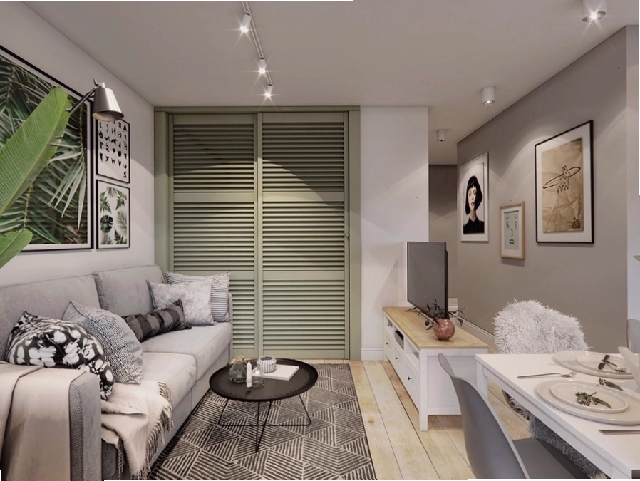 Phòng khách chung cư nhỏ với sofa chữ L và bàn trà gỗ hiện đại