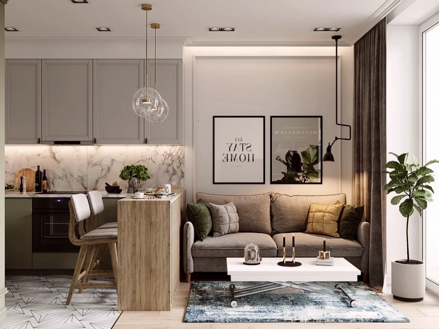 Phòng khách chung cư nhỏ với vách ngăn cnc và cây xanh