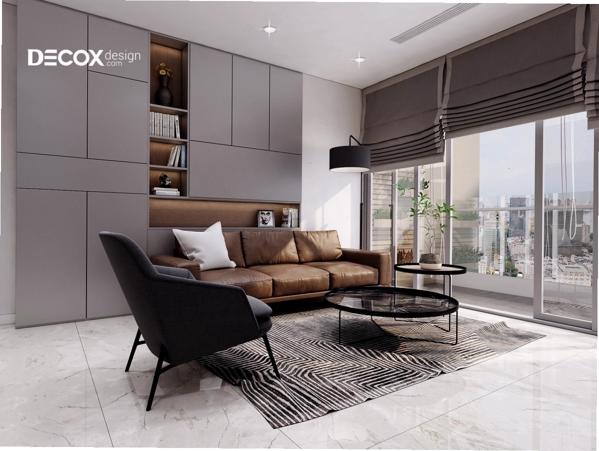 Phòng khách chung cư với ban công được trang trí cây xanh tạo không gian thoáng đãng