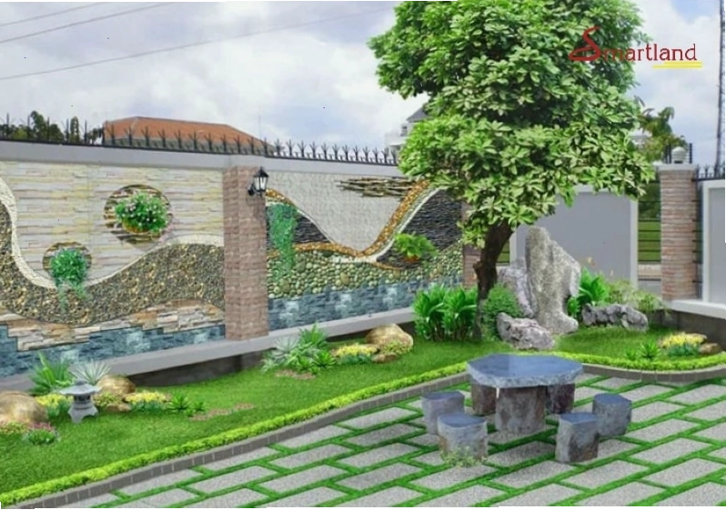 Sân vườn tối giản với cây xanh và lối đi thẳng