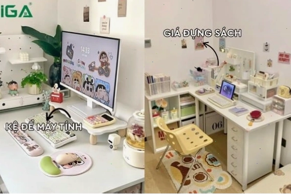 Trang trí bàn học bằng cây xanh nhỏ và các vật dụng cá nhân