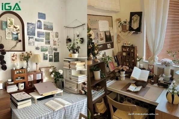 Trang trí bàn học theo phong cách vintage với đèn bàn và khung ảnh cũ