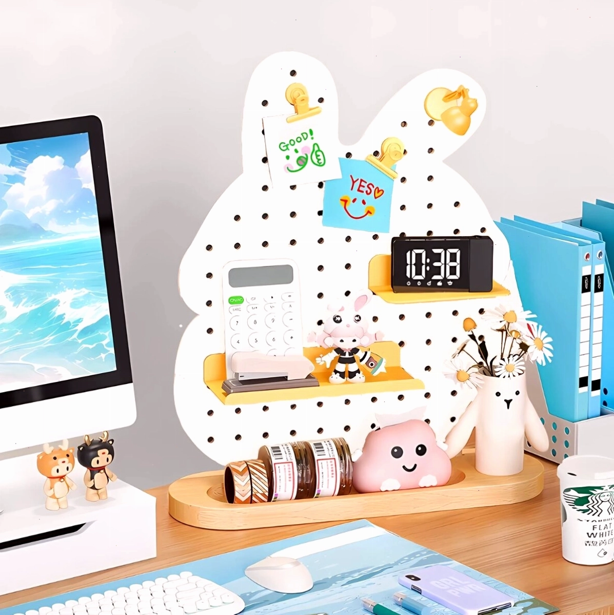 Trang trí phòng học sinh động cùng pegboard hình thỏ, kệ để máy tính, giấy note, đồng hồ
