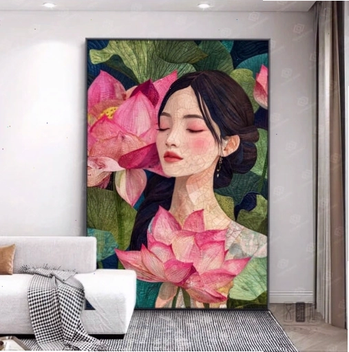 Tranh cô gái và hoa sen nghệ thuật