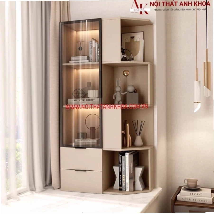 Tủ trang trí phòng khách góc tường đẹp, sang trọng
