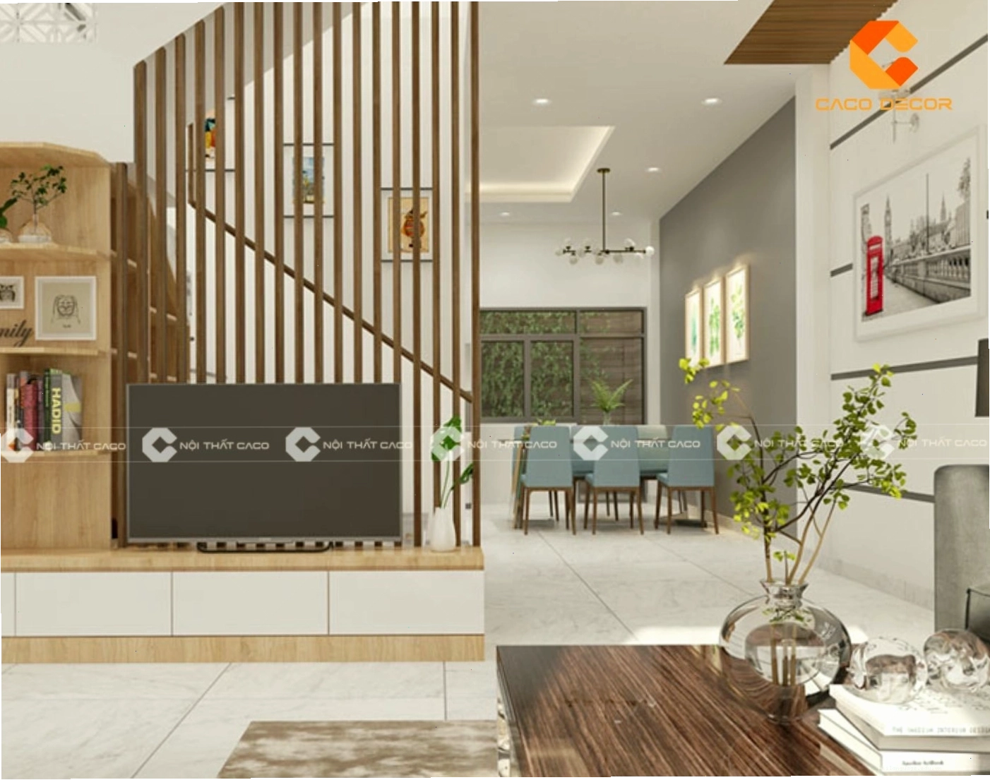 Vách ngăn trang trí bằng gỗ công nghiệp thiết kế cạnh cầu thang