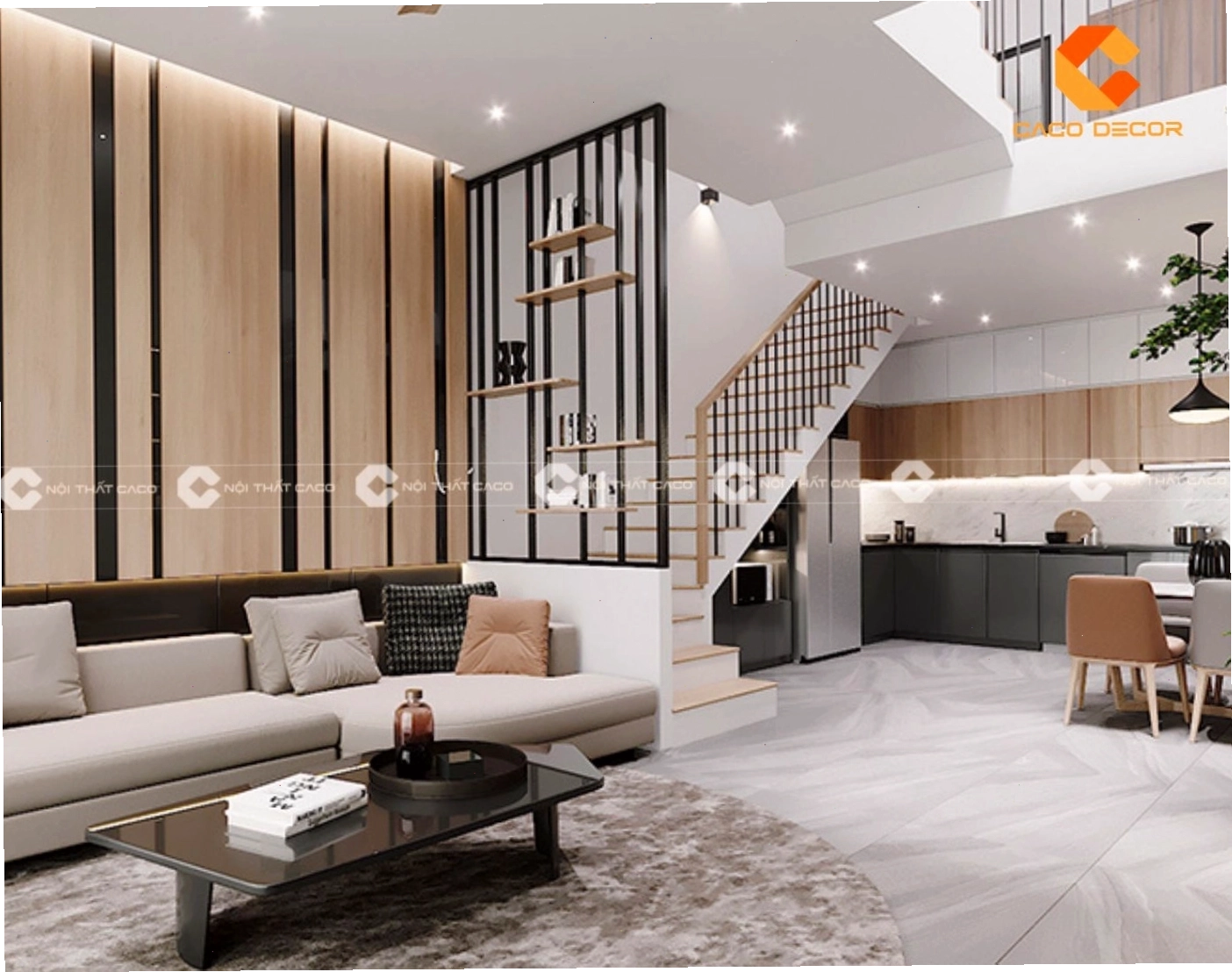 Vách ngăn trang trí cầu thang hiện đại với lam gỗ tạo hiệu ứng thị giác