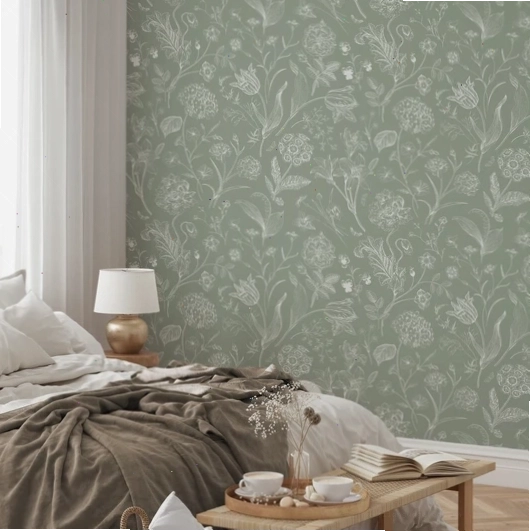 Priscilla botanical wallpaper with white floral illustrations